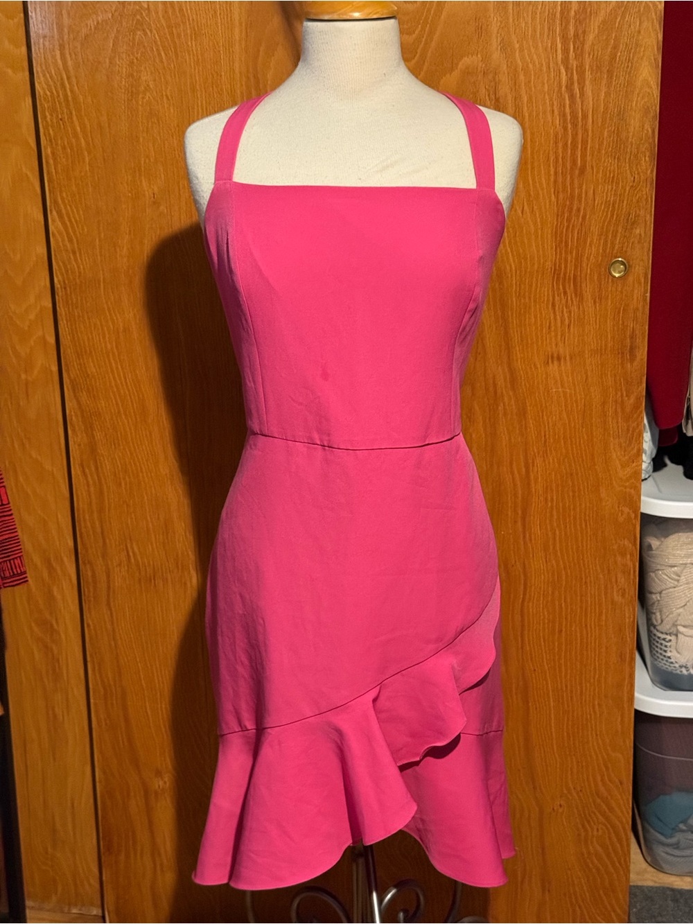 BCBGeneration Bright Pink Square-Neck Ruffle-Hem Mini Dress